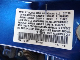 2016 Honda Civic LX Blue Sedan 2.0L AT #A22430